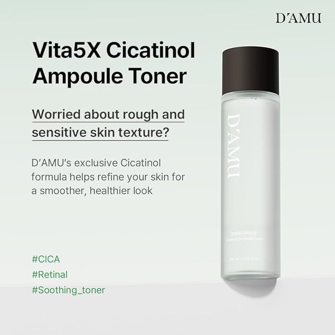 D'AMU CICA Retinol Toner – Hydrating & Soothing Ampoule Toner with Vita 5X Multi-Vitamin Complex for Pore Refining, Skin Texture & Elasticity – Korean Skincare – 6.76 fl.oz.