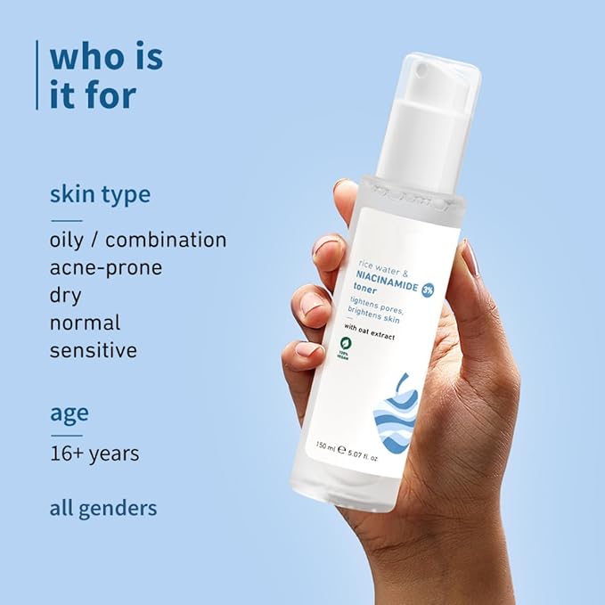 3% Niacinamide & Rice Water Face Toner | Alcohol-Free Toner for Oily Acne Prone Dry Combination Skin | Pore Tightening & Glowing Skin |Fades Blemishes, Brightens & Smoothens | Women & Men | 150ml