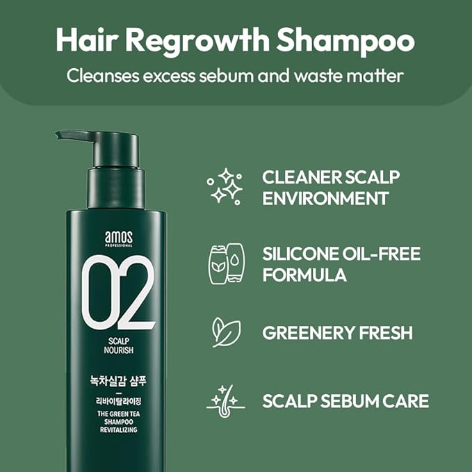 AMOS PROFESSIONAL The Green Tea Shampoo Refresh [For Oily Scalp] 17.6oz (500g) | Anti-Hair Loss Korean Hair Growth Shampoo for Cleanse Excess Sebum