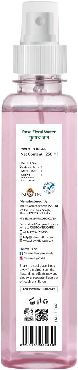 INDUS VALLEY Rosewater - Refreshing Face Mist with Damask Rose, All Skin Types - Hydrating Rose Water Spray for Glowing Skin Care - No Dyes or Alcohol, Hypoallergenic, Vegan 8.451fl. oz