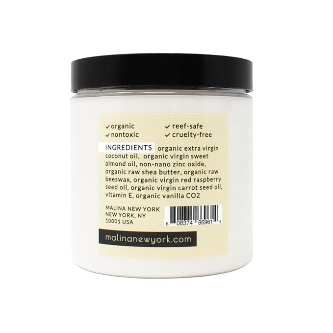 Malina™ Organic Vanilla Natural Sunscreen | SPF 30+ | Nontoxic | Baby-Safe | Reef-Safe | No Preservatives | No Synthetic Fragrance | Made With Pure Essential Oil (8 Fl Oz)
