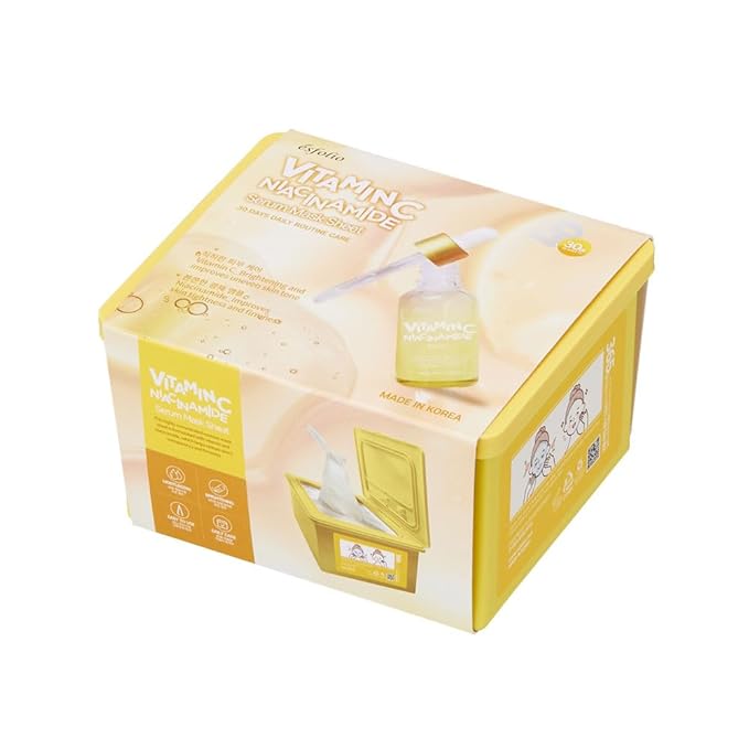 esfolio Made in Korea Vitamin C Niacinamide Serum Mask Pack of 30 Sheets – Refreshing Face Masks Infused with Moisture-Rich Essence – Soft, Hydrating, and Balancing Care for Smooth and Healthy Skin