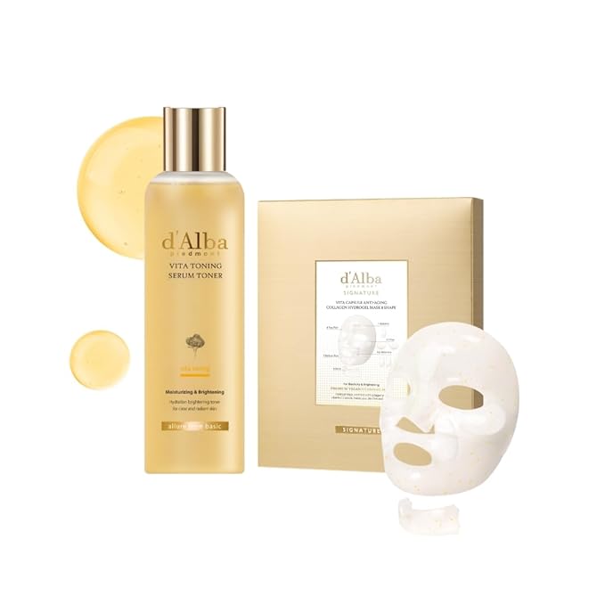 d'alba Piedmont Signature Vita Capsule Hydrogel Mask 8-Shape 1BOX (4 Sheets) + Vita Toning Serum Toner, Glass Skin with Double Vitamin Skincare, Face Moisturizer, (6.09 f