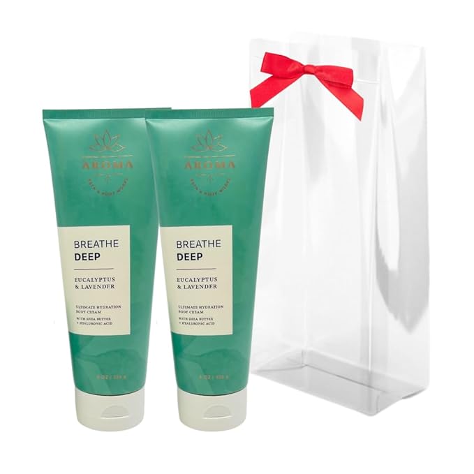 Bath & Body Works Aromatherapy Breathe Deep Eucalyptus & Lavender Body Cream Gift Set with a Red Bow for Holidays & Gifts - Pack of 2