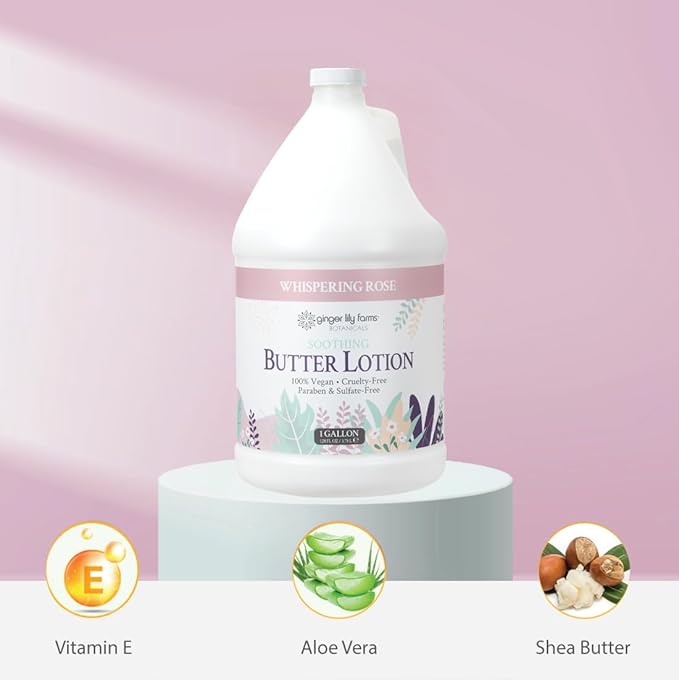 Ginger Lily Farms Botanicals Soothing Butter Lotion for Dry Skin, 100% Vegan & Cruelty-Free, Whispering Rose Scent, 1 Gallon (Pack of 4)