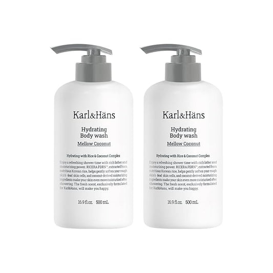 Karl&Hans Hydrating Body Wash, Korean Rice-Derived PDRN & Ceramide, Refreshing Cleanser, Skin Barrier Support, Non-Drying, with Coconut-Derived Moisturizers, 16.9 fl oz (Pack of 2, Mellow Coconut)