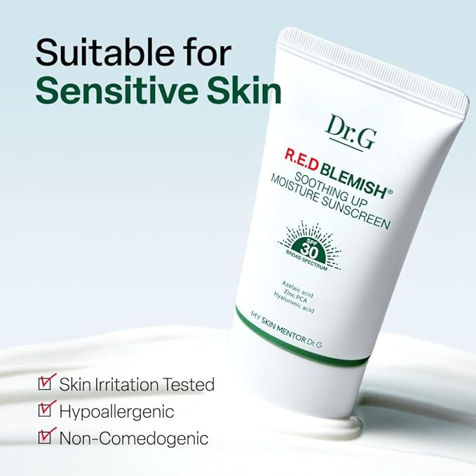 Dr. G R.E.D. Blemish Soothing Up Moisture Sunscreen - Korean Sunscreen with No White Cast - Broad Spectrum SPF for Sensitive Skin - Non-Greasy - With Hyaluronic & Azelaic Acid - 1.69 fl oz