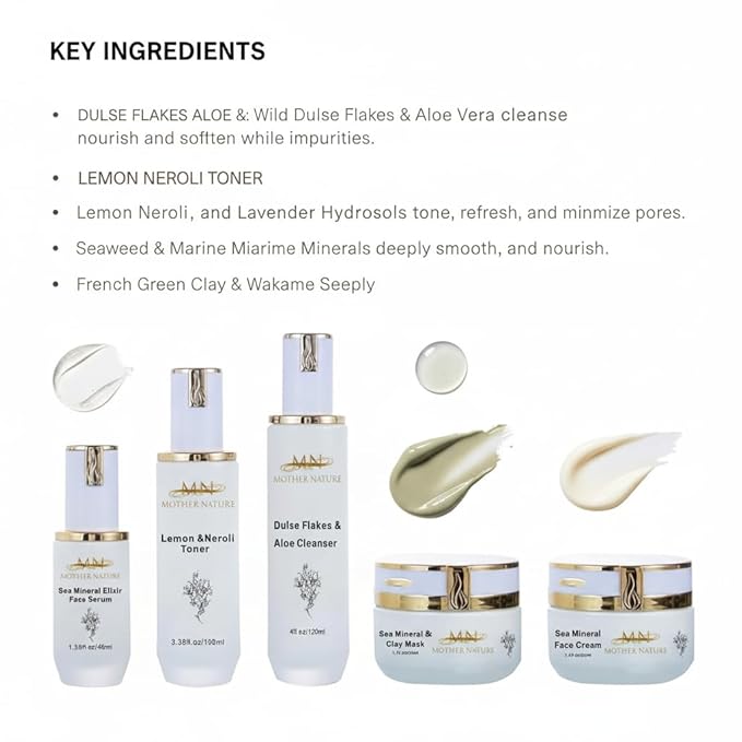 MN Mother Nature Sea Mineral 5-Piece Skincare Set – Dulse Aloe Cleanser, Lemon Neroli Toner, Elixir Serum, Clay Mask & Face Cream – Seaweed & Wakame for Renewed, Hydrated, and Brightened Skin