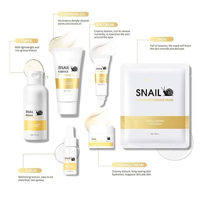 6pcs Snail Essence Skin Care Kit, with Cleansing Gel, Toner, Eye Cream, Serum, Essence Cream and Face Mask Korean Skin Care Set, Moisturizing & Nourishing, Minimizes the Look of Wrinkles
