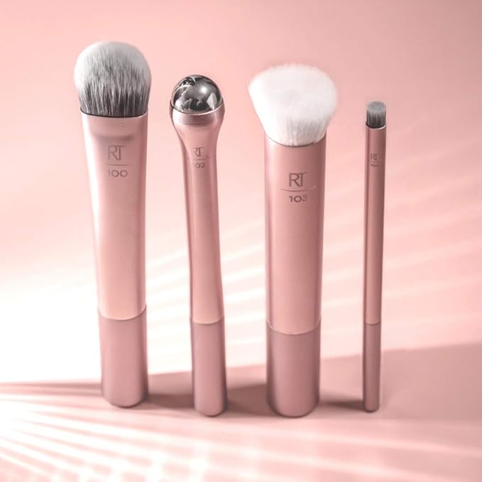 Real Techniques Prep and Prime Makeup Brush Set, Ideal for Exfoliating & Applying Primers, Moisturizers, & Serums, Skincare Tools, Synthetic Bristles, Cruelty-Free & Vegan, 4 Piece Set