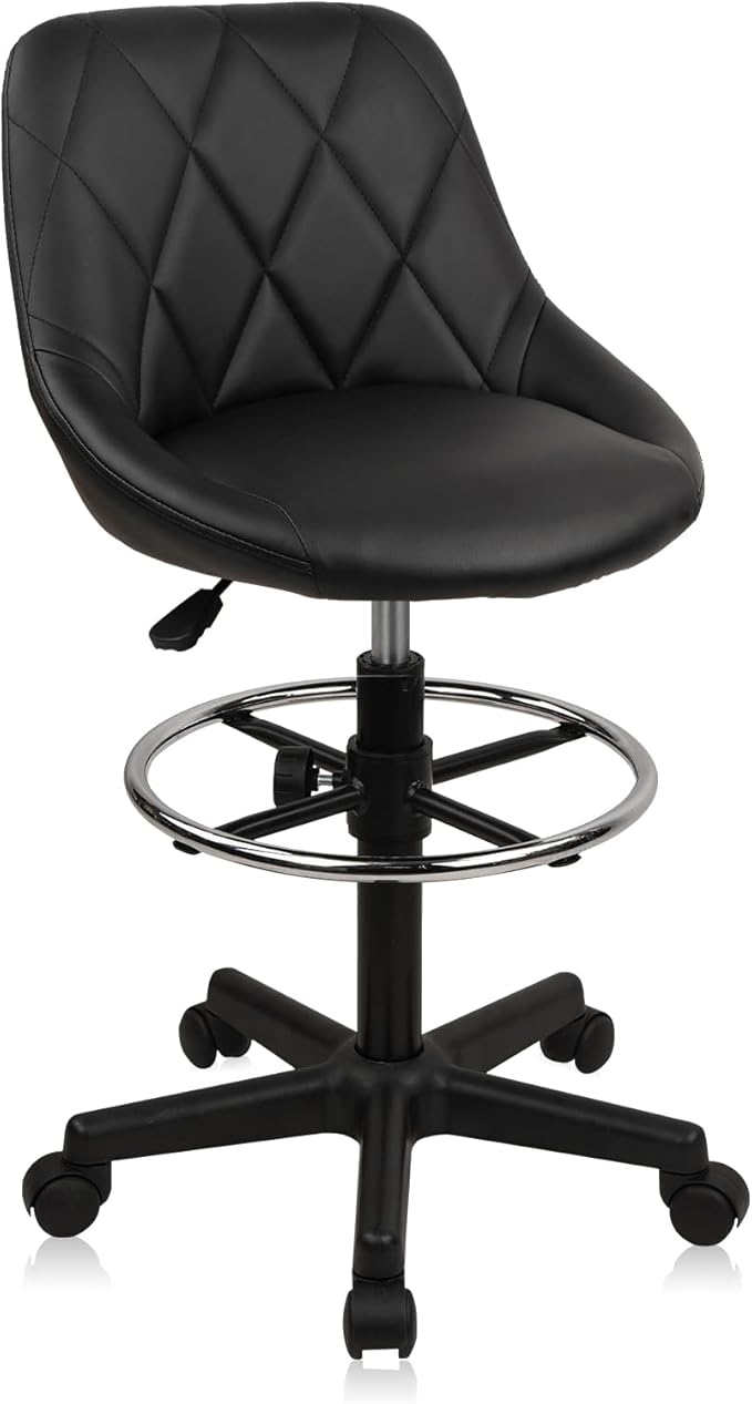 Drafting Chair with Backrest and Wheels, Adjustable Footrest Height Rolling Stool, PU Leather Tall Swivel Chairs Work Shop Office Desk Stools for Kitchen Home Bar, Black, 1 Pack