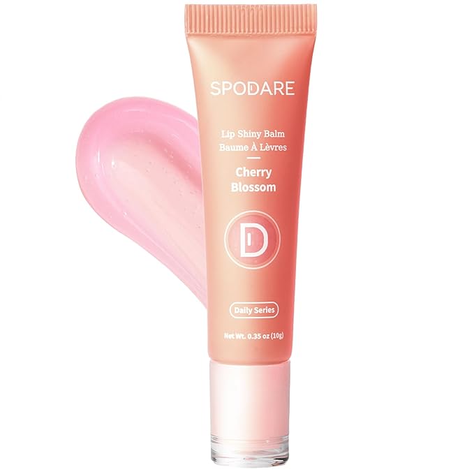Lip Glowy Balm Cherry Blossom, Lip Gloss enriched with Shea Butter, Wolfberry Extract & Hyaluronic Acid Complex for Plumping Finish - Light Weight Travel Size for Men and Women
