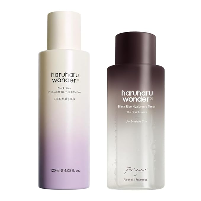haruharu Wonder Skin Flooding Essential Set, Black Rice Probiotics Barrier Essence & Hyaluronic Toner for Sensitive Skin