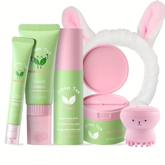 Green Tea Skin Care Set - This Skin Care Gift Box Set Contains Your Favorite Moisturizing Necessities Facial Cleanser, Toner, Eye Cream, Mud Mask With Headband And Facial Brush