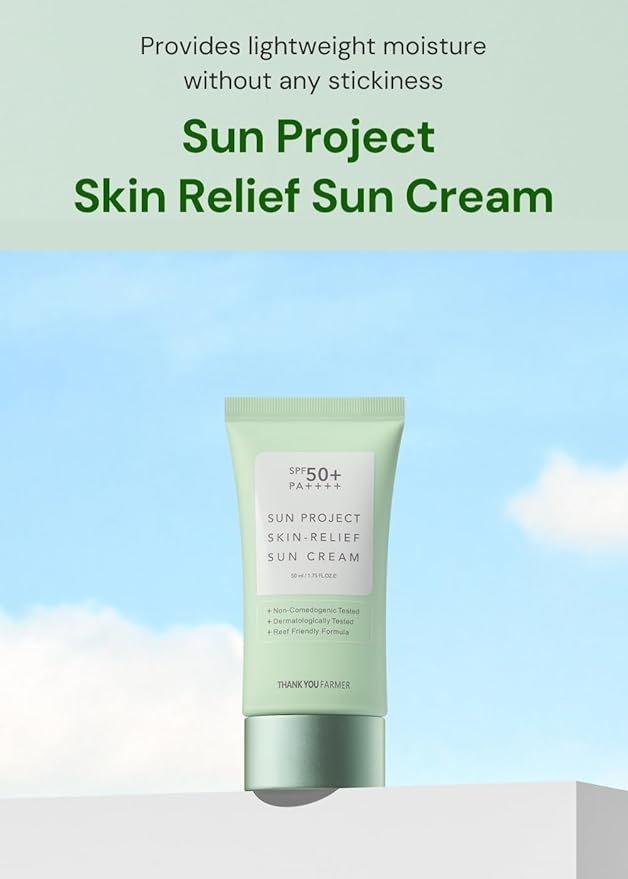 THANKYOU FARMER Sun Project Relief Sun Cream SPF50+ PA++++(50ml) - Centella Asiatica Extracts for Soothing, Reef Safe Sunscreen Travel Size