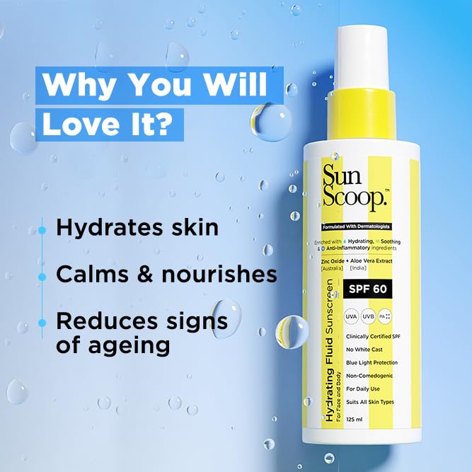 SunScoop Hydrating Face & Body Fluid Sunscreen Spray | SPF 60 PA++++ | Water Resistant With Zinc Oxide | Broad Spectrum, No White Cast, Non-Comedogenic Quick Absorbing | For Men & Women | 125ml