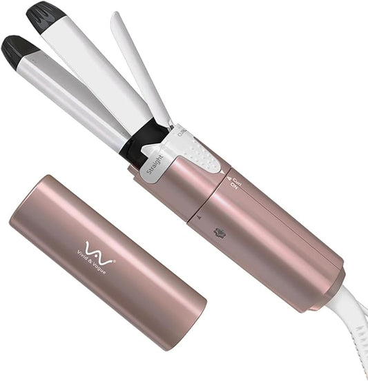 VAV Mini Travel 2 in 1 Curling Iron Small Hair Straightener and Curler Dual Voltage Flat Iron,1 Inch Hair Iron,Ceramic Portable Curling Wand,for Short Hair,Curls Bangs (Rose Gold)