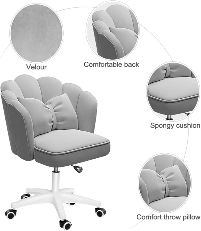 Petal Desk Chair with Bow Cushion Velvet Vanity Chair with Wheels, Upholstered Home Office Chair for Girls Women, Mid-Back Swivel Computer Task Chairs for Living Room Bedroom