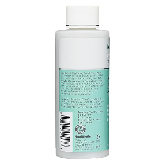 NutriBiotic Hydrating Facial Toner, 4.2 Fl Oz with GSE | with Peptides, Aloe, DMAE, Vitamin C Ester, Tocotrienols & Alpha Lipoic Acid | Vegan & Paraben Free
