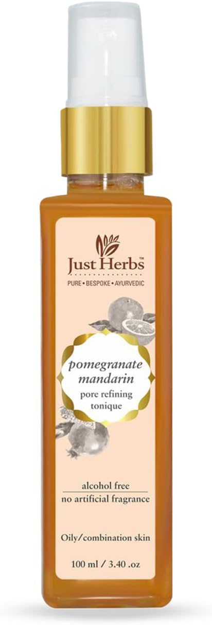 Just Herbs Organic Pomegranate Pore Refining Toner with Steam Distilled Tulsi & Orange for Oily/Combination Skin Types - No Artificial Fragnance 3.40 fl.oz.