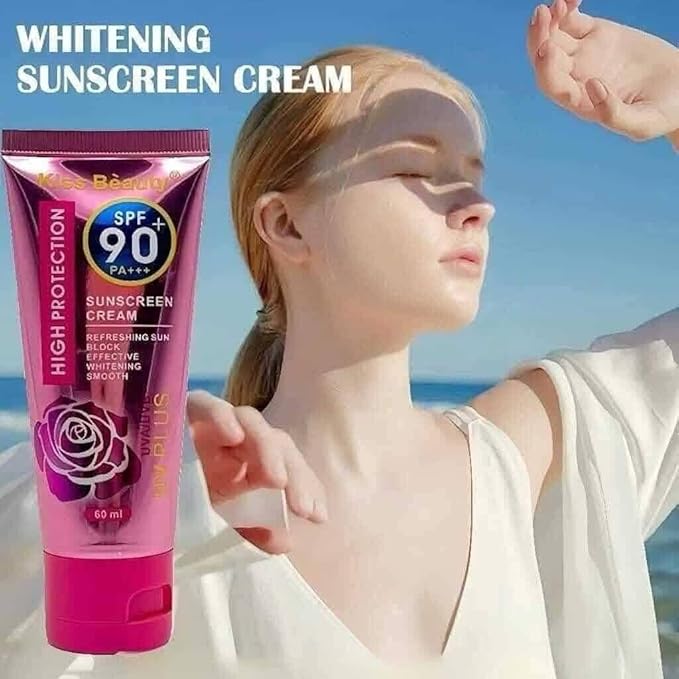 High Protection Whitening Sunscreen Cream with SPF 90 PA+++, Pink Rose Design, Refreshing Sun Block, 60ml