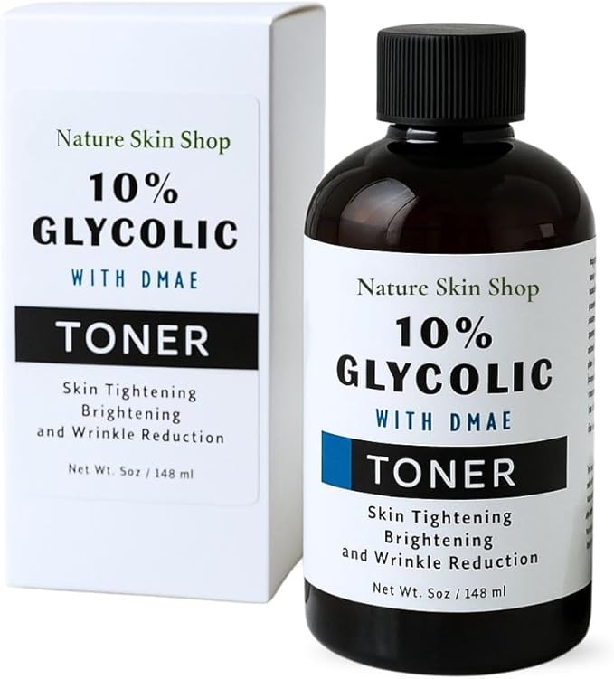 Nature Skin Shop 10% Glycolic Acid Toner with DMAE, Anti-Aging Face Exfoliant for Wrinkles, Fine Lines & Pores, Skin Tightening & Firming Astringent