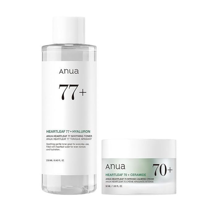 Anua Gentle Moisture Duo: Heartleaf 77 pH 5.5 Soothing Toner & Heartleaf 70 Intense Calming Cream for skin barrier repair, hyaluronic acid, panthenol for facial moisturizer, Vegan, Korean Skincare set