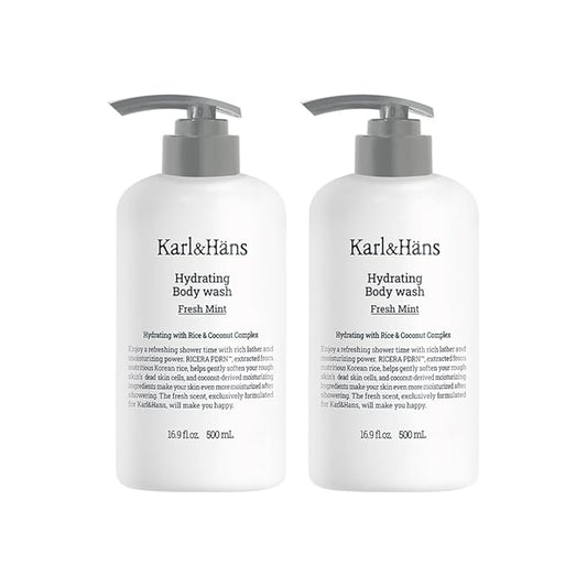 Karl&Hans Hydrating Body Wash, Korean Rice-Derived PDRN & Ceramide, Refreshing Cleanser, Skin Barrier Support, Non-Drying, with Coconut-Derived Moisturizers, 16.9 fl oz (Pack of 2, Fresh Mint)