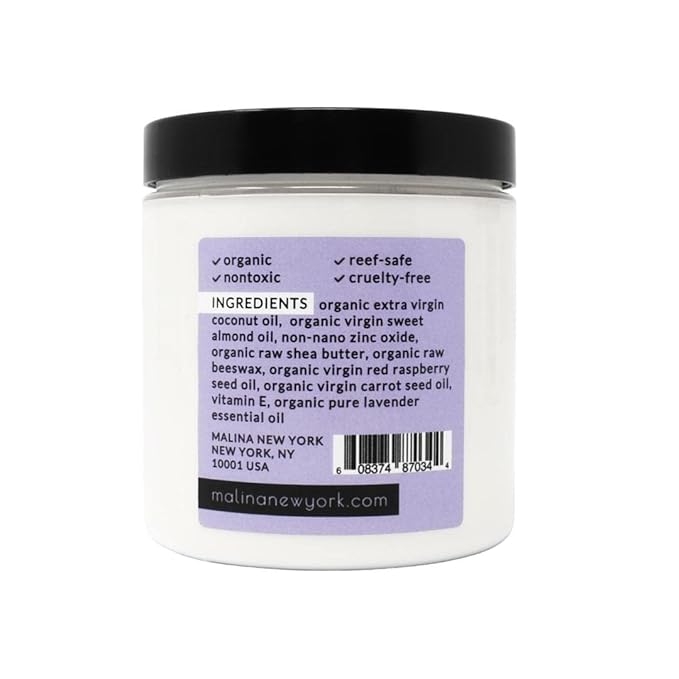 Malina™ Organic Lavender Natural Sunscreen | SPF 30+ | Nontoxic | Baby-Safe | Reef-Safe | No Preservatives | No Synthetic Fragrance | Made With Pure Essential Oil (8 Fl Oz)