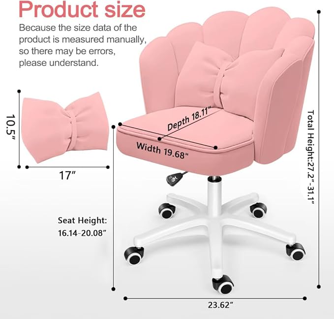 Petal Desk Chair with Bow Cushion Velvet Vanity Chair with Wheels, Upholstered Home Office Chair for Girls Women, Mid-Back Swivel Computer Task Chairs for Living Room Bedroom