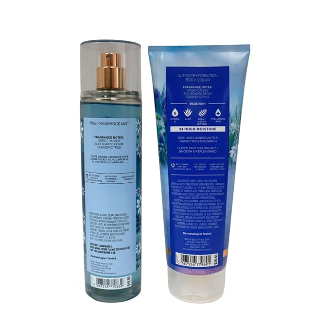 Bath & Body Works DENIM & DAISIES Mist & Body Cream 2-piece Gift Set with a Blue Bow for Holidays & Gifts