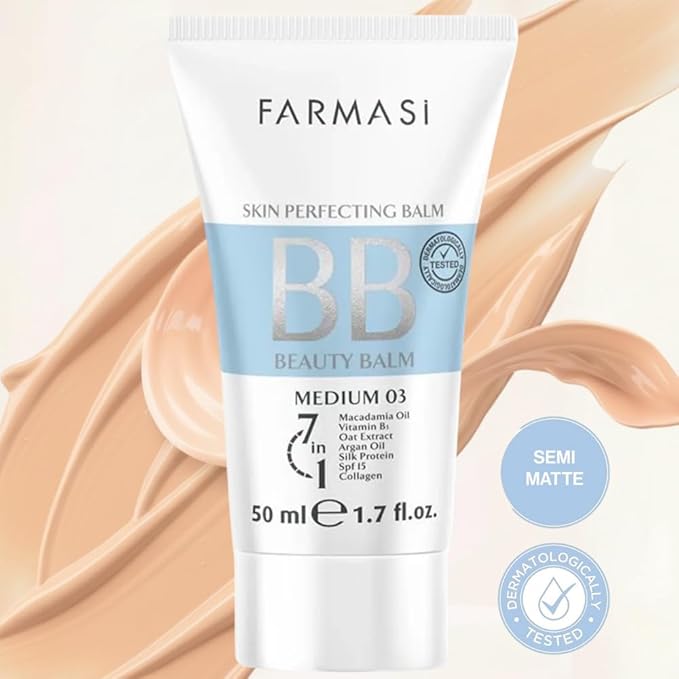 FARMASi BB Cream Beauty Balm, Tinted Moisturizer with SPF 15, Lightweight Matte Finish, Buildable Coverage Face Makeup, 1.7 fl oz, 03 Medium