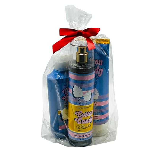 Bath & Body Works COTTON CANDY CLOUDS Fine Fragrance Mist, Ultimate Hydration Body Cream & Body Wash 3pc Gift Set with a Red Bow for Holidays – Full Size