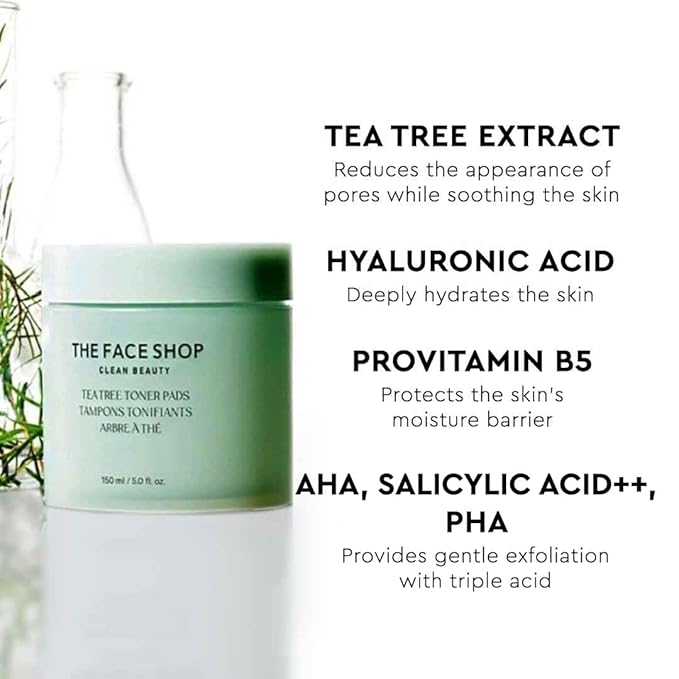 The Face Shop Tea Tree Toner Pads - Improve Uneven Skin Tone, Pore Minimizer - Exfoliating Dual Sided Toner Pad - AHA, BHA, PHA, Hyaluronic Acid - Cotton Facial Pad - Korean Toner - Korean Skin Care