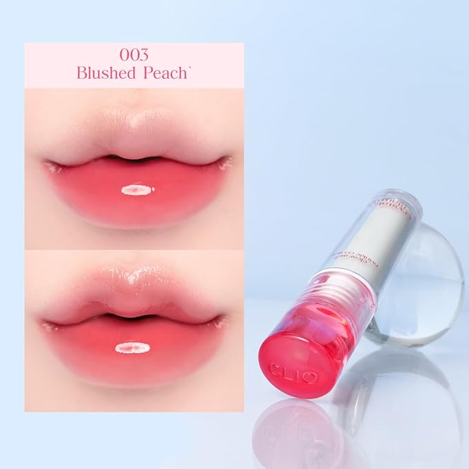 CLIO Crystal Glam Tint, Glossy Lip Tint with Glass-Like Shine, Lightweight Buildable Lip Stain, Long-Lasting Color, Non-Sticky, Rose Extract, Korean Lip Tint (003 BLUSHED PEACH)
