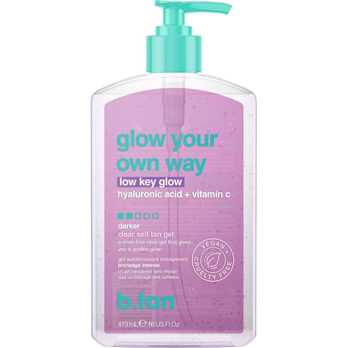 b.tan Dark Clear Self Tan Gel | Glow Your Own way, Low Key Glow - Transfer-Resistant Sunless Tanning Gel, Gradual Darker Bronze, Packed with Hyaluronic acid & Vitamin C, 16 Fl Oz