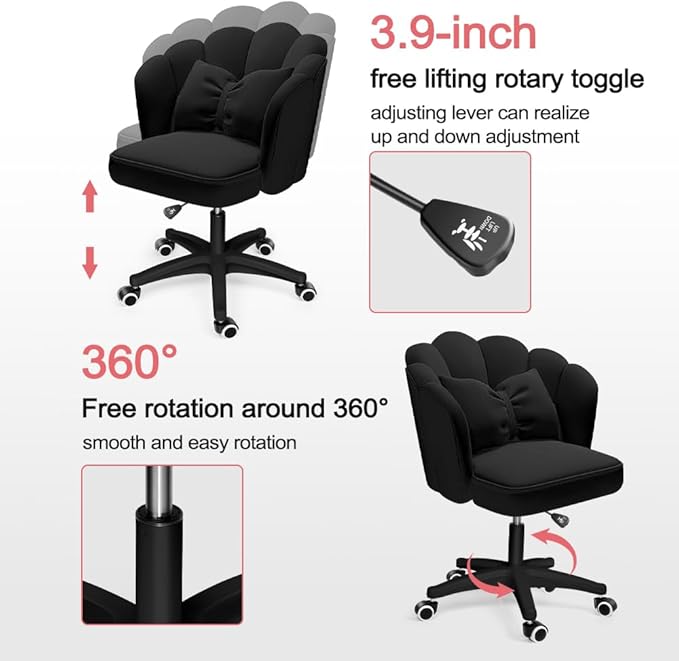 Petal Desk Chair with Bow Cushion Velvet Vanity Chair with Wheels, Upholstered Home Office Chair for Girls Women, Mid-Back Swivel Computer Task Chairs for Living Room Bedroom