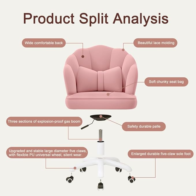 Vanity Chair with Wheels Velvet Petal Desk Chair Upholstered Tufted Home Office Chair for Women Girls, Height Adjustable Makeup Task Chair for Bedroom Living Room