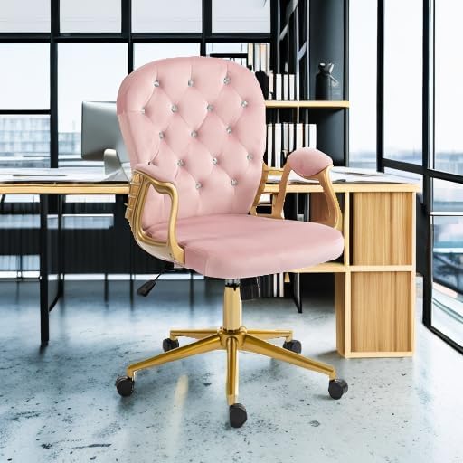 Velvet Home Office Desk Chair Comfy with Gold Legs and Arms, Comfortable Makeup Vanity Chair with Back and Wheels, Button Tufted Armchair Swivel Rolling Study Chair for Girls Women,Pink