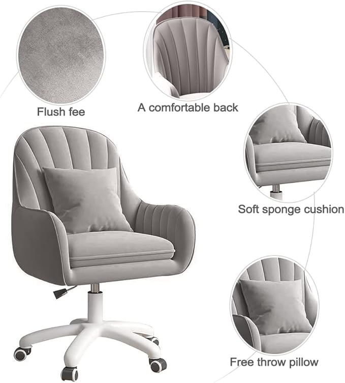 Velvet Desk Chair with Pillow Upholstered Vanity Chair for Girls Women, Home Office Computer Task Chair with Wheels Swivel Rolling Accent Chair for Living Room, Bedroom