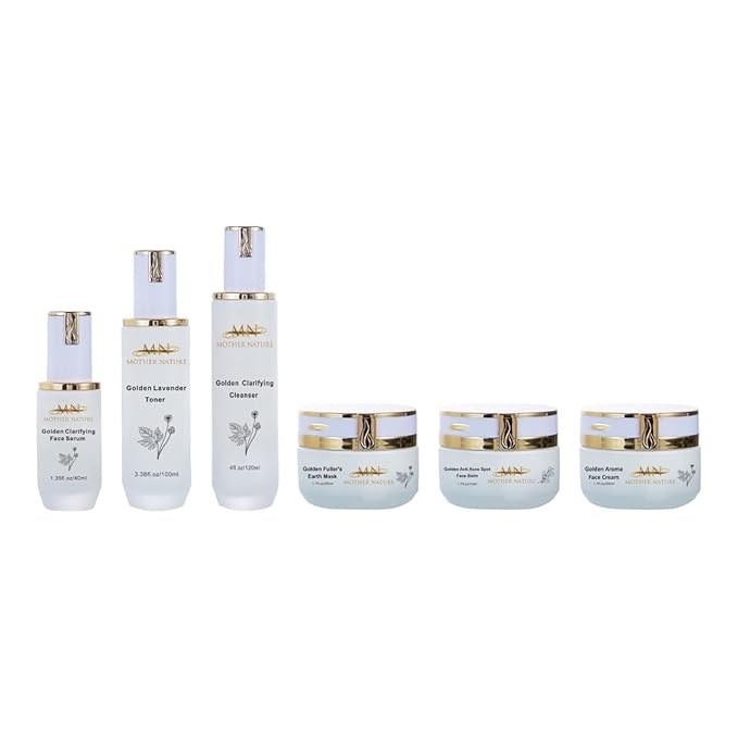 MN Mother Nature Golden 5-Piece Skincare Set – Clarifying Cleanser, Lavender Toner, Serum, Fuller's Earth Mask & Aroma Cream – Botanical Extracts for Smooth, and Glowing Skin – Daily Hydration Routine
