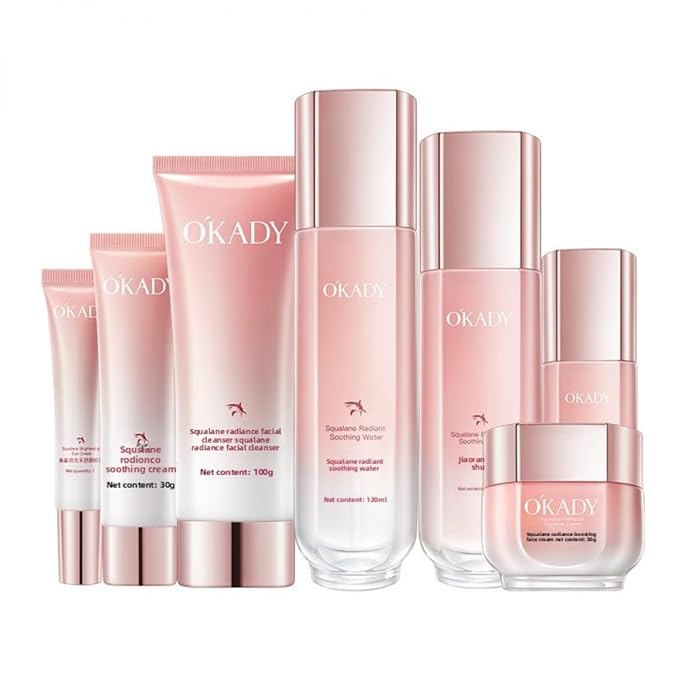 Squalane 7-Piece Skincare Set for Hydrating & Moisturizing - Cleanser, Toner, Serum, Cream - Non-Greasy, Lightweight, Soothes Skin & Brightens (Squalane Radiance Comfort Seven-Piece Set)