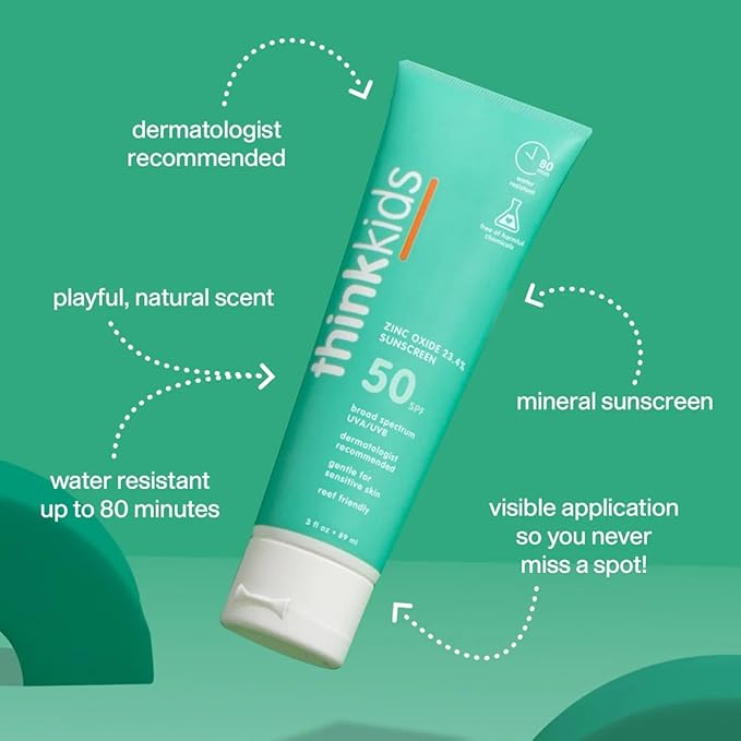 Thinksport Kids SPF 50+ Mineral Sunscreen Safe, Natural Sunblock for Children - Water Resistant Sun Cream Broad Spectrum UVA/UVB Sun Protection Vegan, Reef Friendly Sun Lotion, 3oz