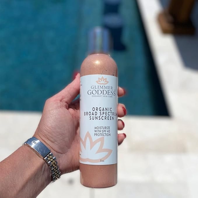 Glimmer Goddess Glow Organic Shimmer Sunscreen - Reef-Safe SPF 40+ Broad Spectrum Protection, 8 oz - Vegan, Cruelty-Free