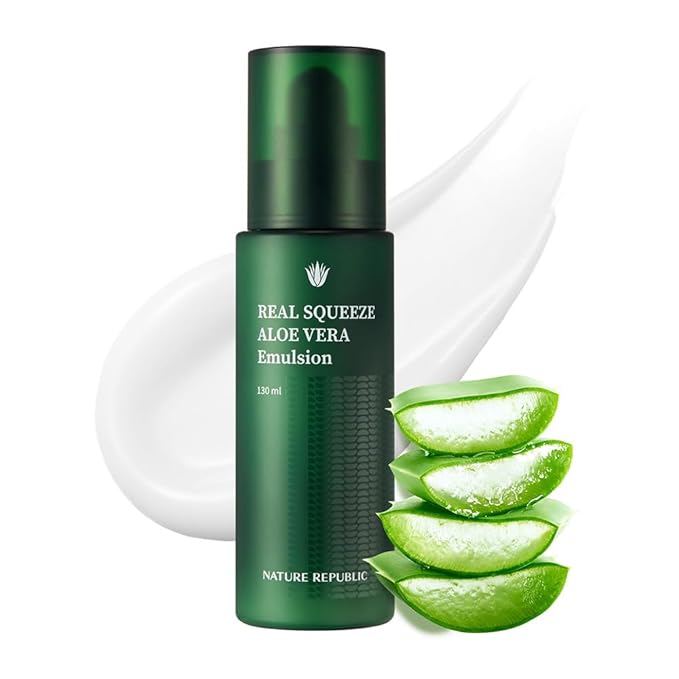 Nature Republic Real squeeze aloe vera Emulsion –Hydrating Moisturizer&Hydrating Glow for Face Fast-Absorbing, Non-Sticky After Sun & Aftershave Korean beauty Skin Care for All Skin Types 150ml/5.24oz