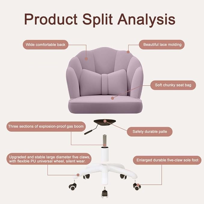 Vanity Chair with Wheels Velvet Petal Desk Chair Upholstered Tufted Home Office Chair for Women Girls, Height Adjustable Makeup Task Chair for Bedroom Living Room