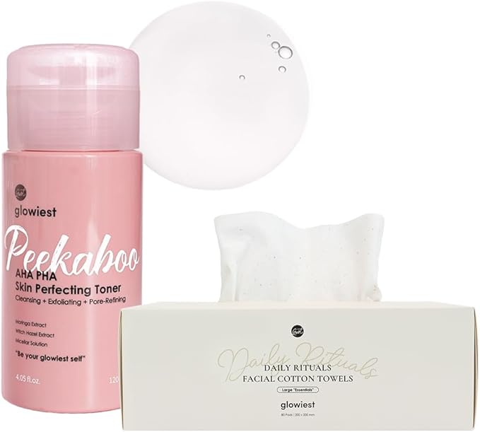 glowiest Peekaboo AHA PHA Toner + Facial Cotton Towels (Large) Bundle | Gentle Exfoliating Toner & Cotton Towel Set