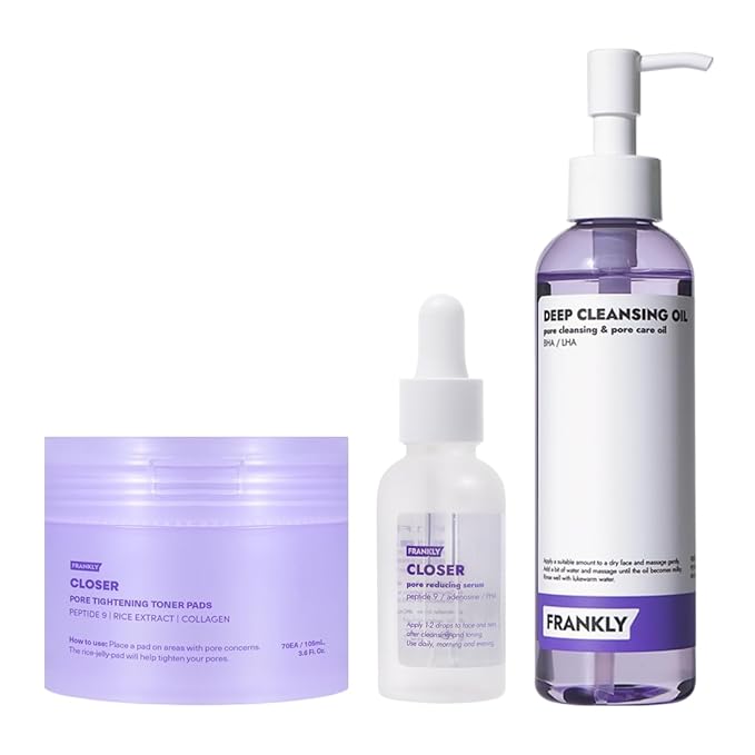 FRANKLY Pore Perfecting Set – Closer Serum, Toner Pads & Cleansing Oil | Deep Cleansing, Hydration & Pore Refining | Vegan Korean Skin Care | Skincare Gifts for Women