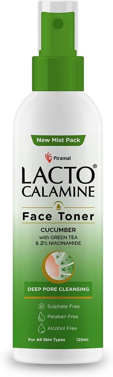 Lact'o Calamin'e Face Toner with Cucumber | 120ml | Deep Pore Cleansing | Open Pores Tightening with Green Tea & 2% Niacinamide for Cool & Hydrated Skin | No Sulphate, No Alcohol, No Parabens