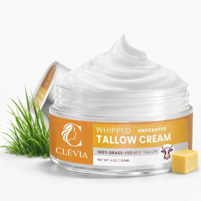 100% Grass-Fed Whipped Tallow Cream - 4 OZ Anti-Wrinkle Face+Body Balm – Organic Beef Tallow with Jojoba Oil – Deep Hydration for Dry, Sensitive & Irritated Skin (Unscented)
